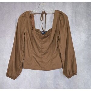 GAP Linen Blend Long Puff Sleeve Top M BROWN Square Neck Smocked Tie Back